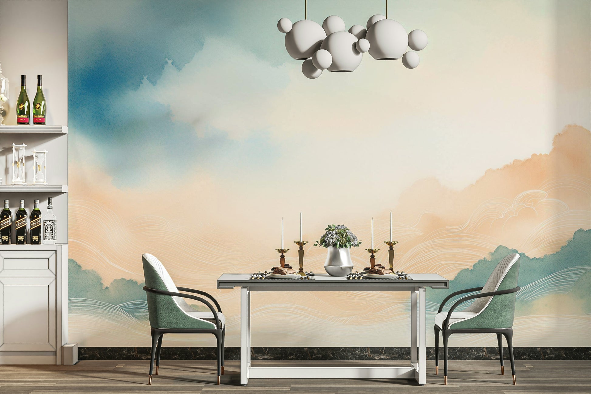 Sophisticated guest room decorated with a cloud landscape.
