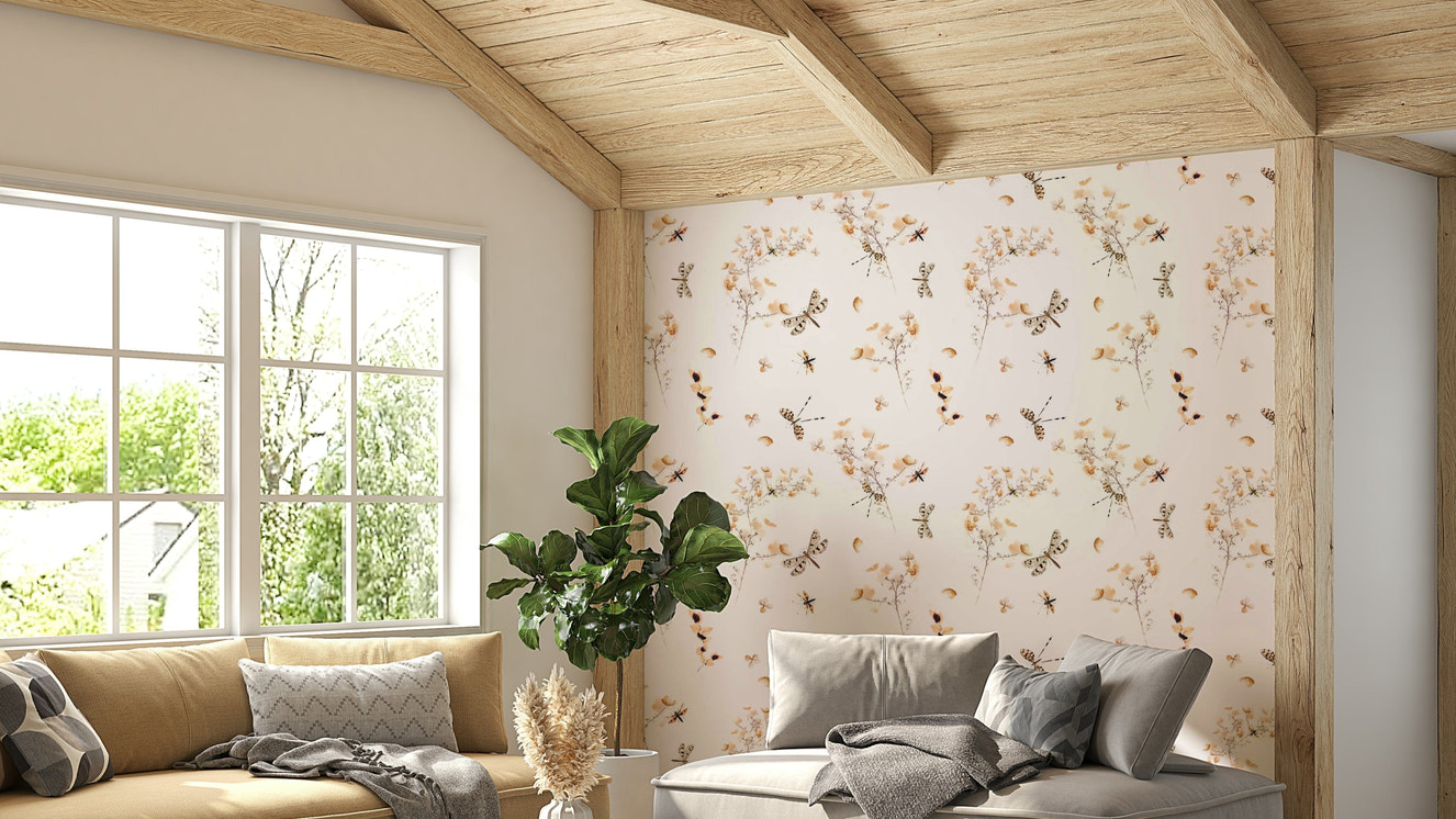 Dragonflies in flowers wallpaper on a living room wall

