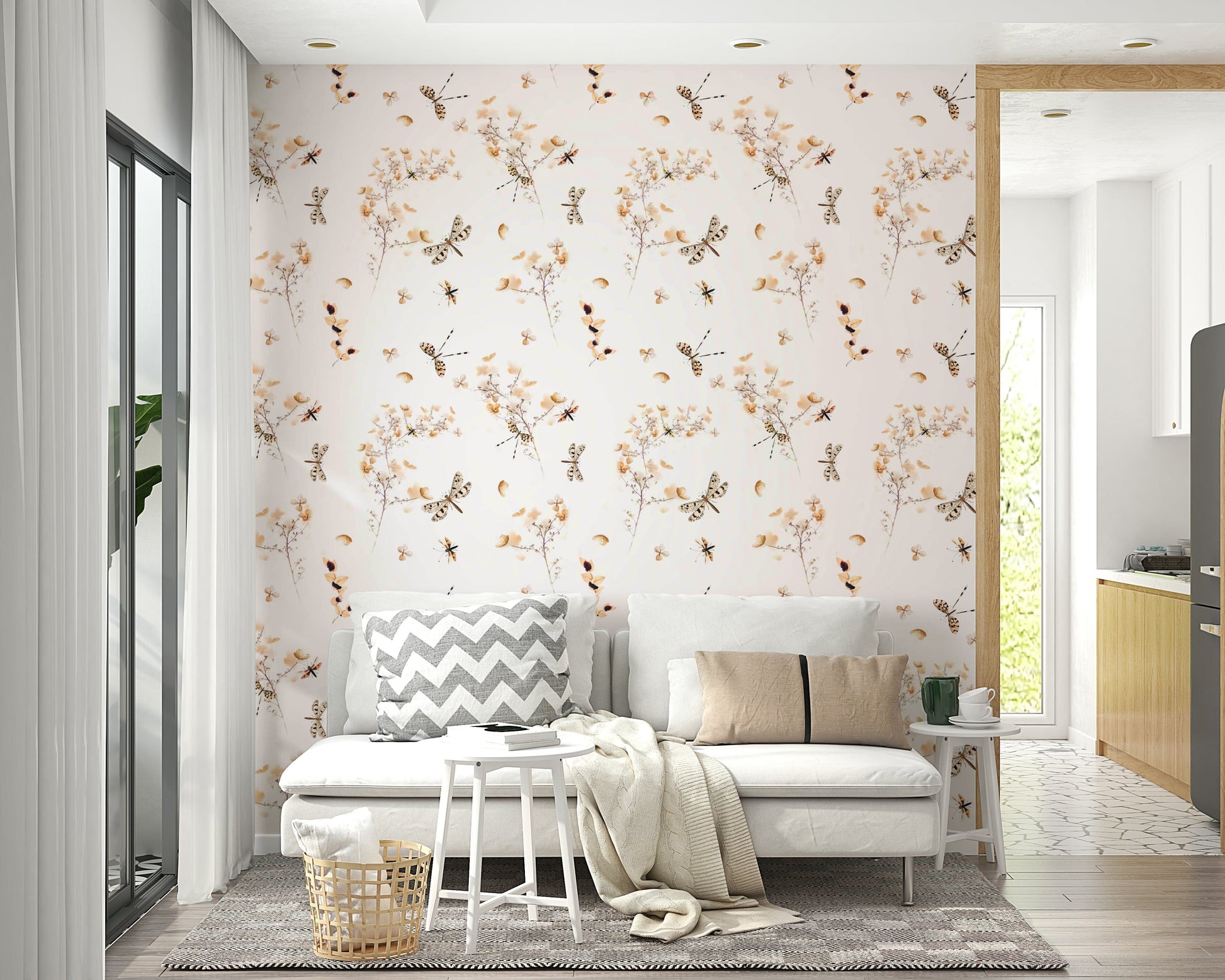 A bedroom decorated with a dragonfly mural

