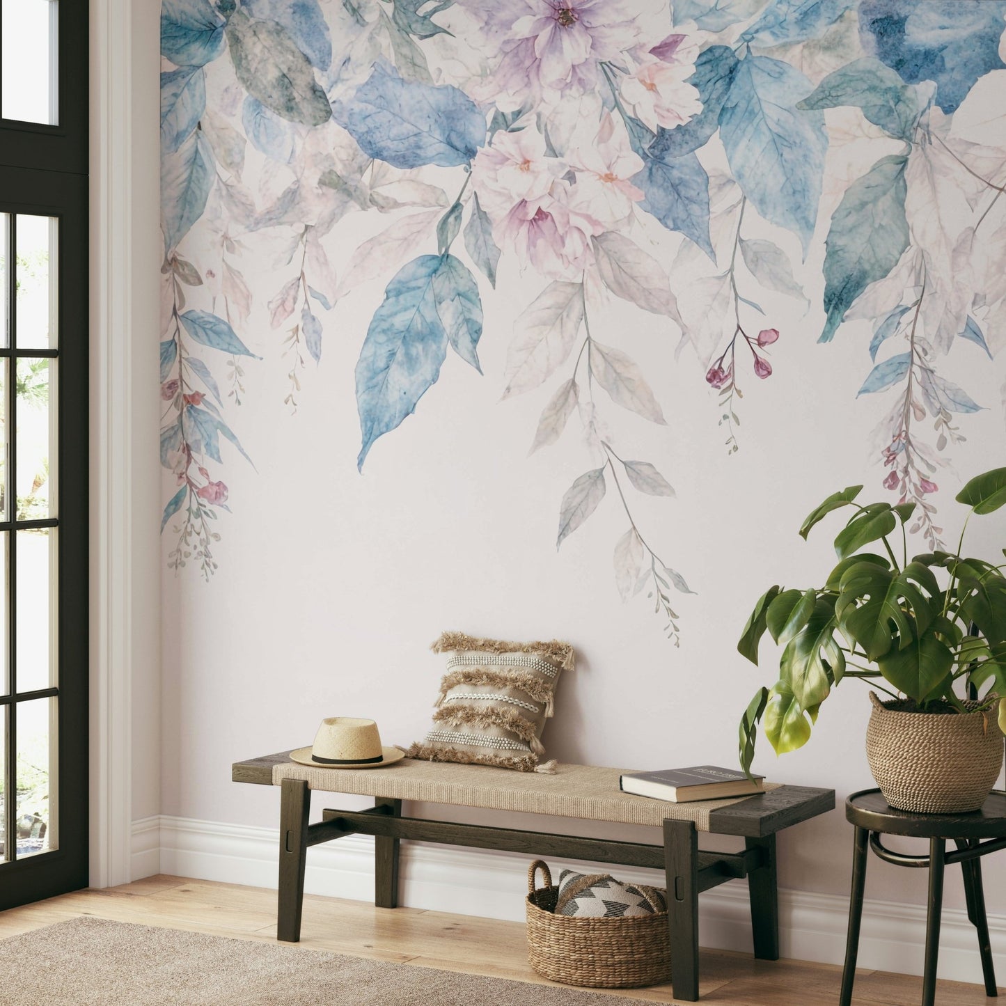 A wall mural of a peaceful floral pattern.

