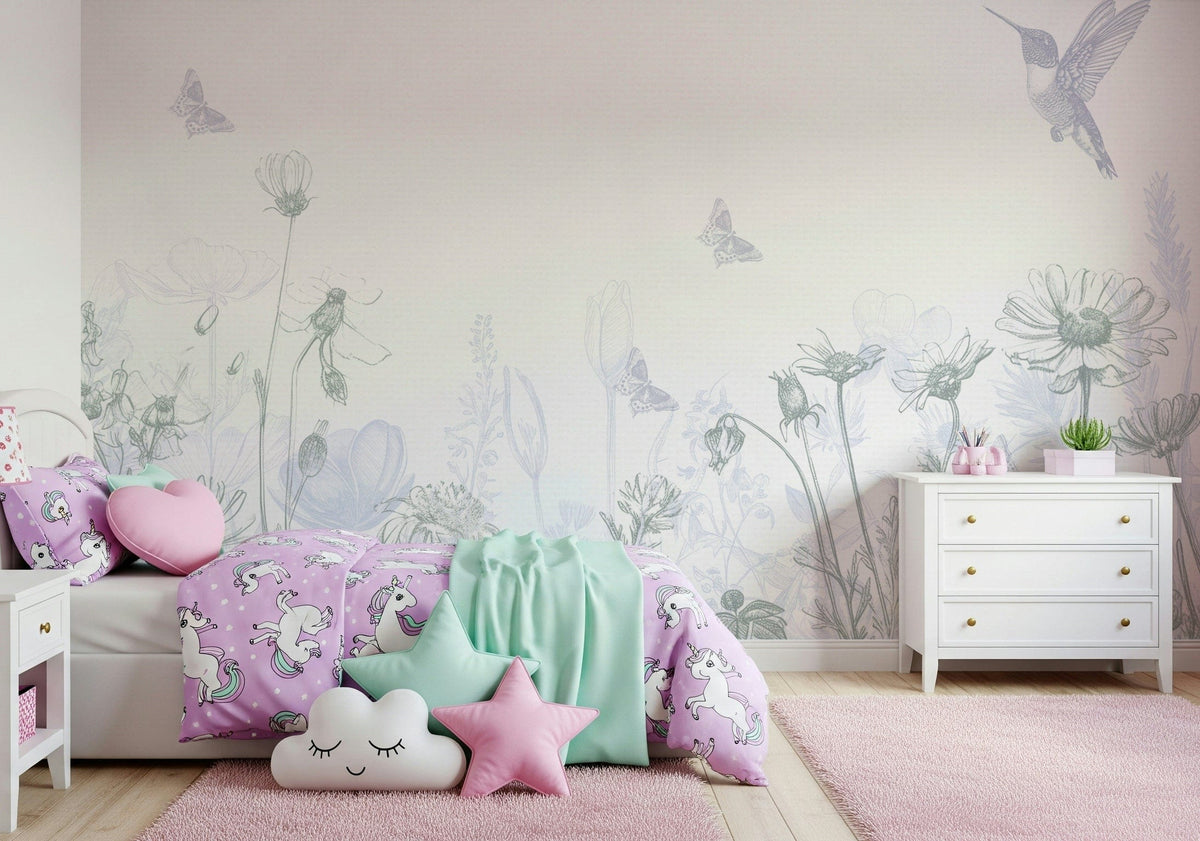Ethereal Meadow wallpaper mural with pencil flowers and hummingbird in a girls bedroom with purple unicorn bedding