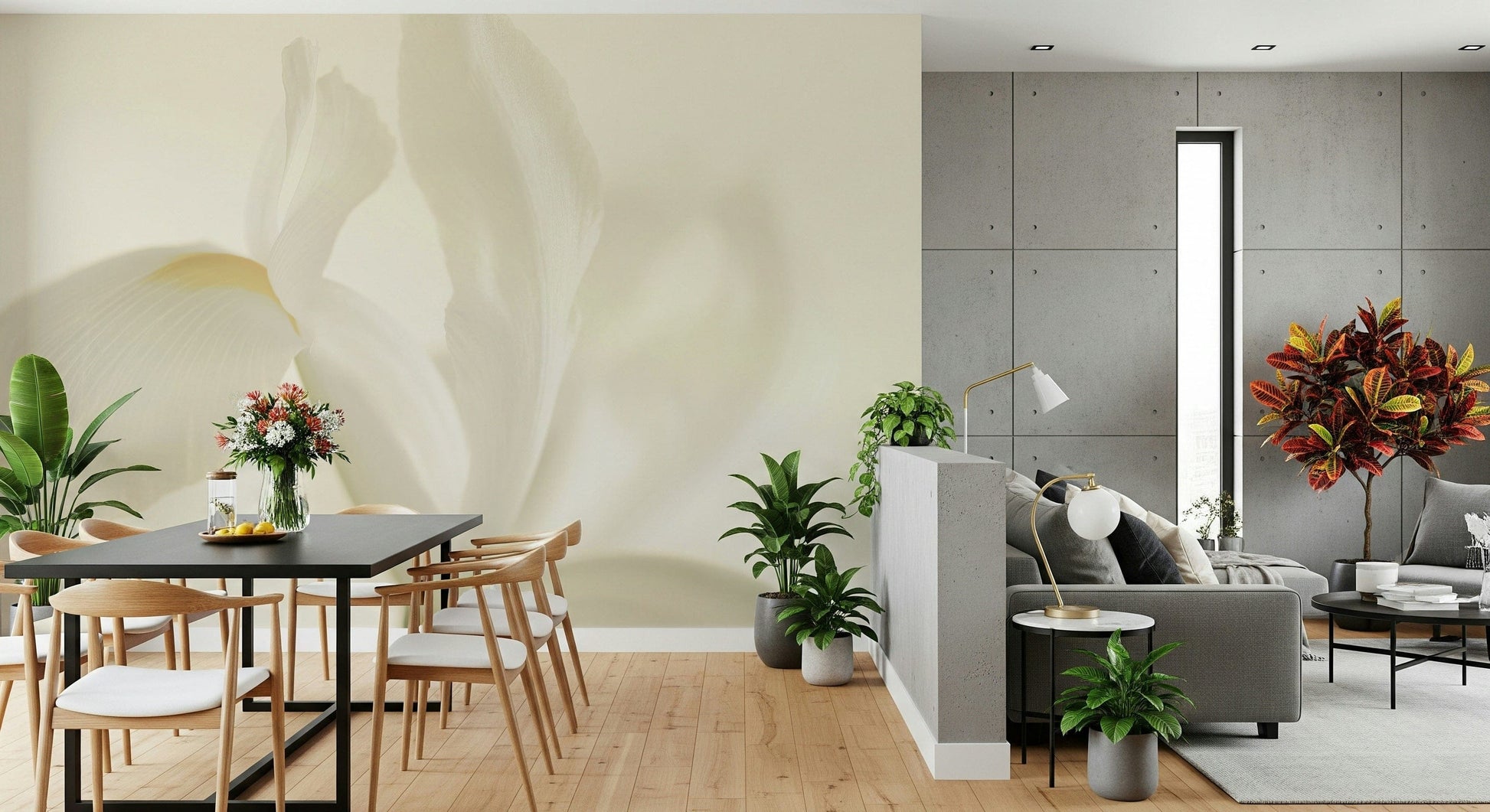 An artistic dreamy flower mural on minimalist wallpaper.

