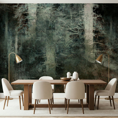 Ethereal Forest Dream wallpaper mural of a dark green painterly forest behind a wood dining table and cream chairs