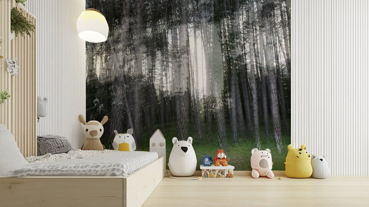 The texture of a wall mural with a forest image
