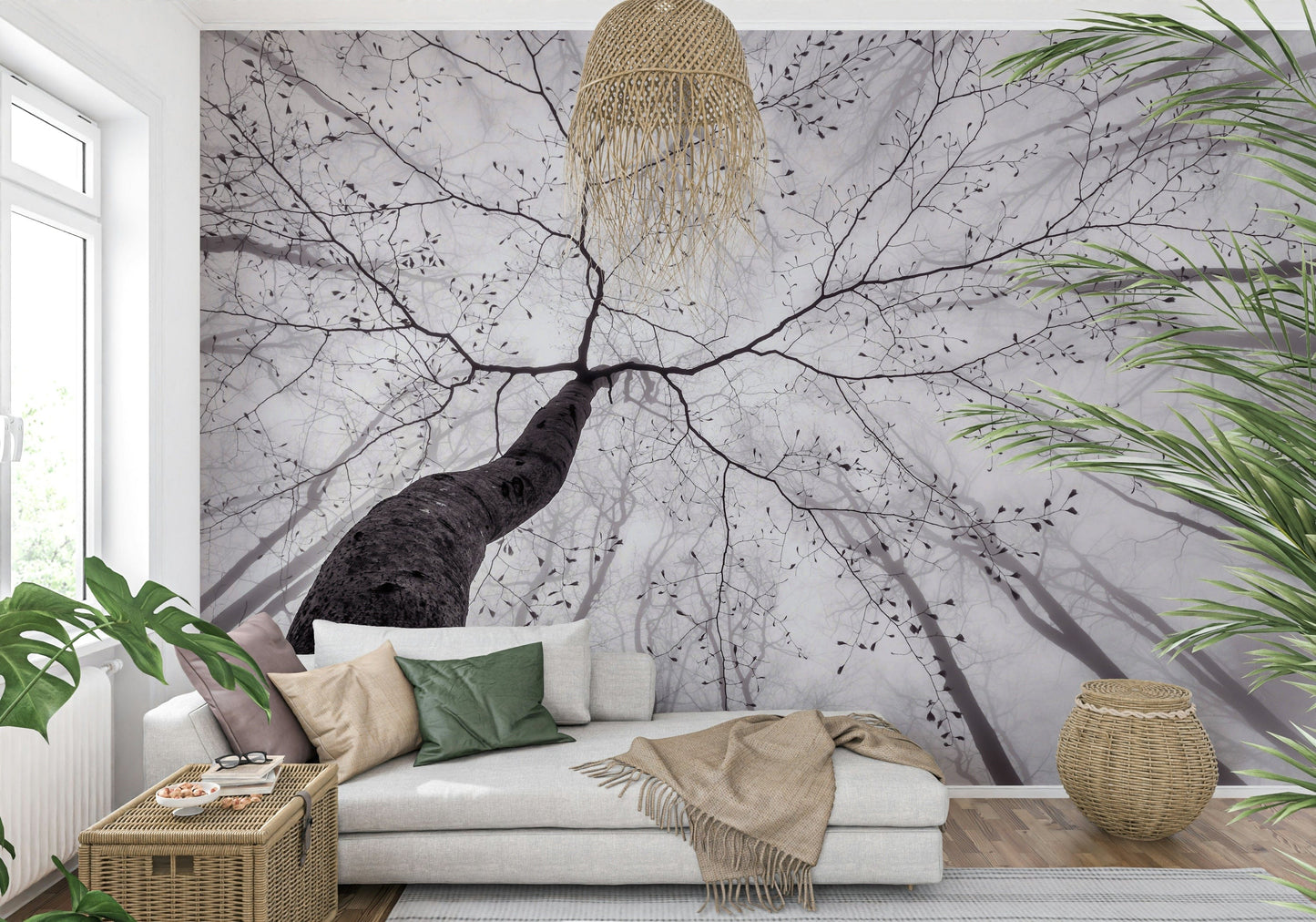 An artistic dreamy landscape mural on minimalist wallpaper.

