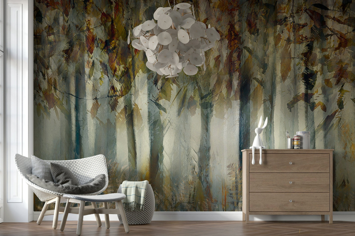 A peaceful modern abstract mural on decorative wallpaper.