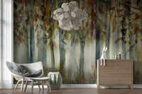 A peaceful modern abstract mural on decorative wallpaper.