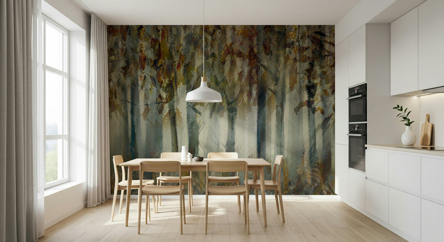 An artistic soft focus mural on minimalist wallpaper.
