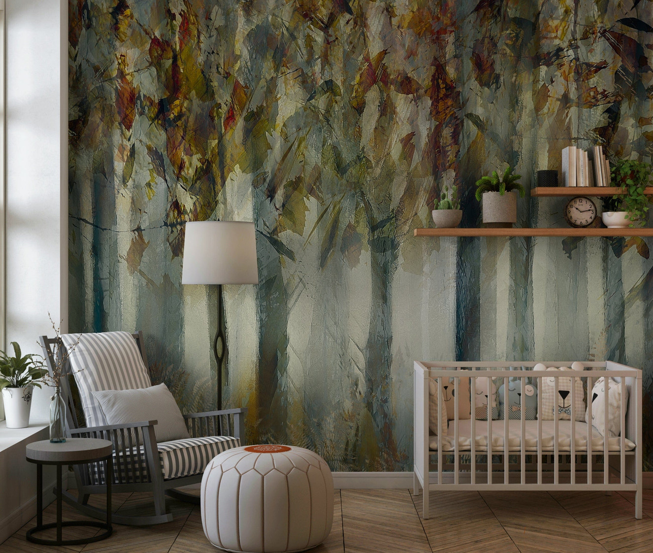 A beautiful serene forest wallpaper mural with subtle, ethereal light.