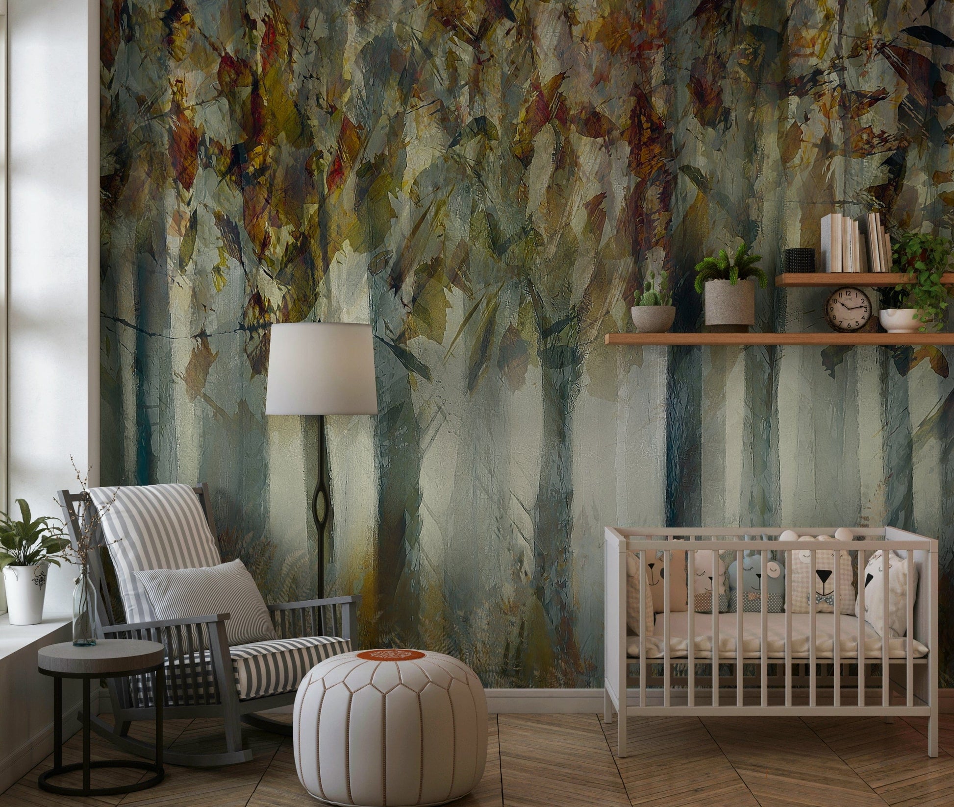 A beautiful serene forest wallpaper mural with subtle, ethereal light.