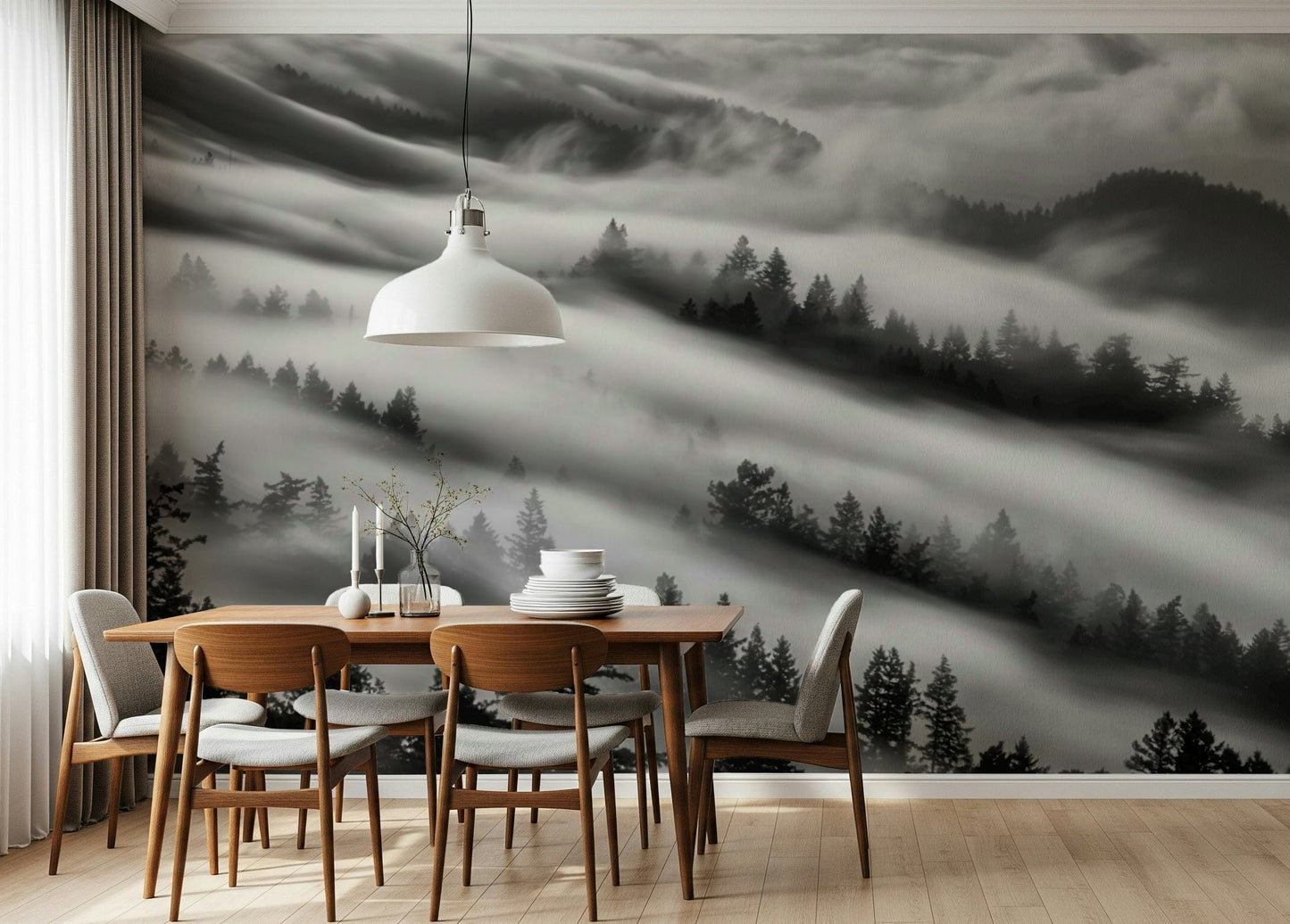 Monochrome pine tree hills on Forest Veil mural art.