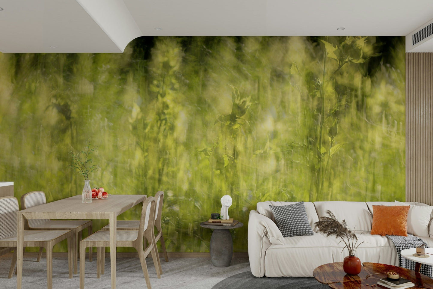 Softly blurred green field stretching into the distance on a wall.

