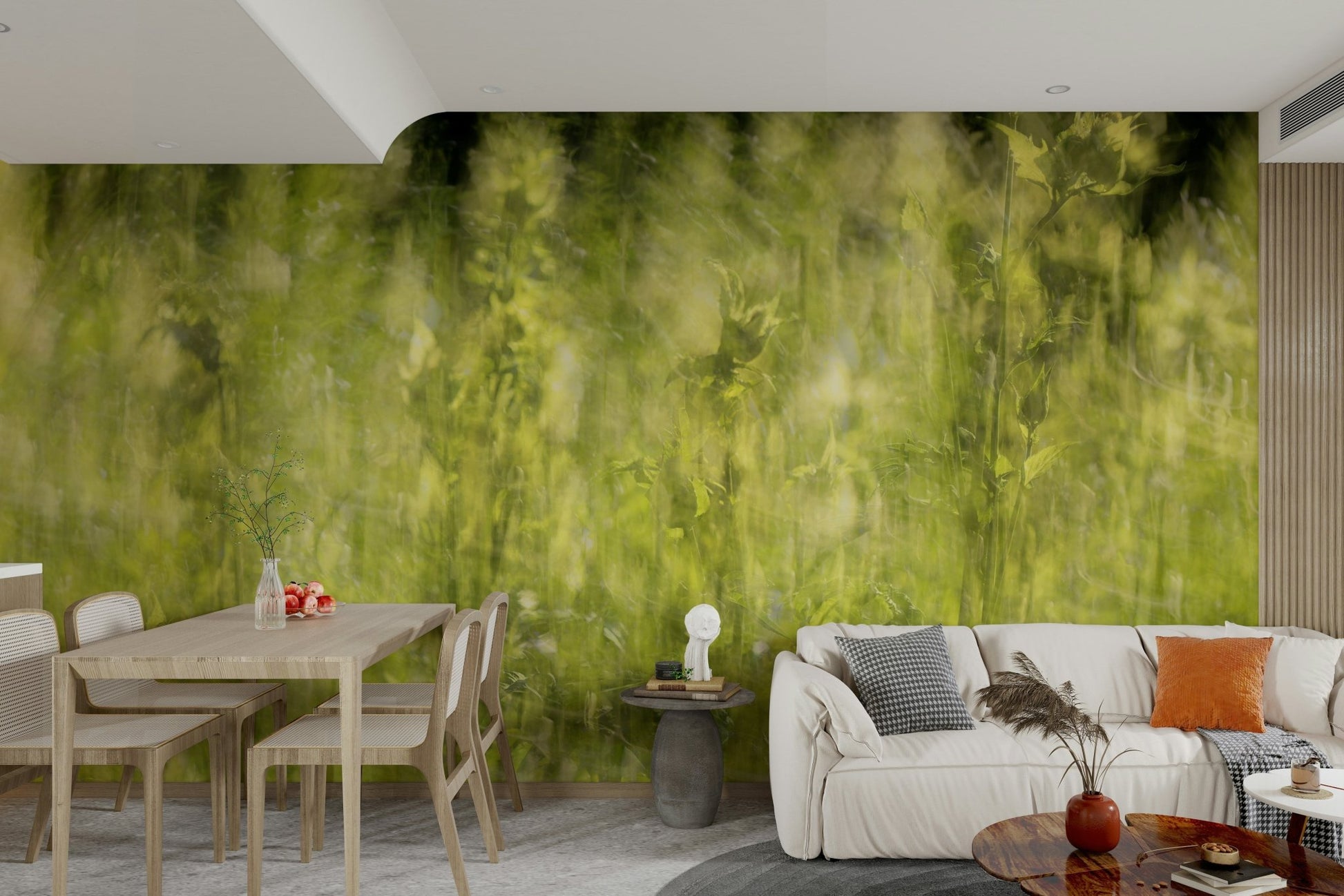 Softly blurred green field stretching into the distance on a wall.

