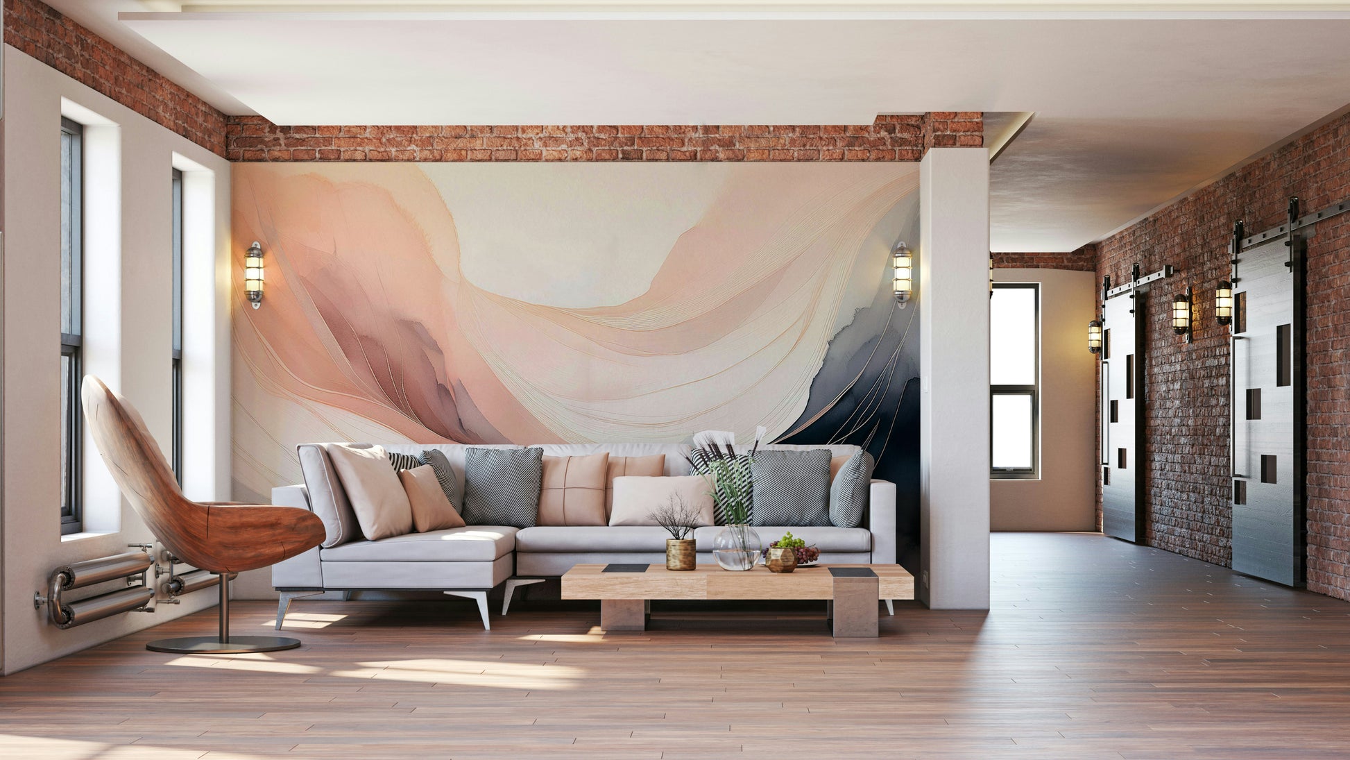 Artistic Ethereal Hues Wall Mural in a bright dining area.