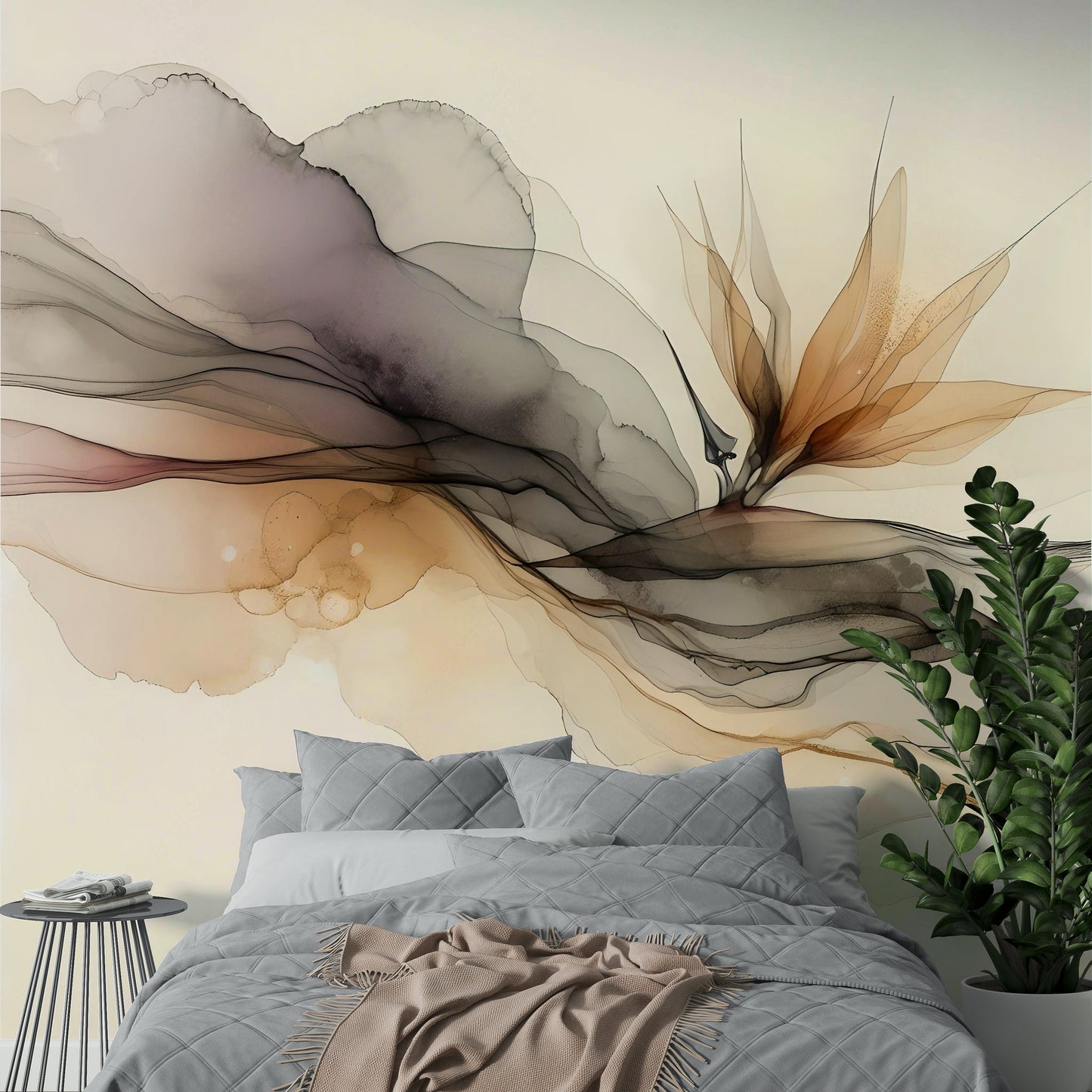Contemporary home styling featuring fluid ink patterns in a master bedroom.