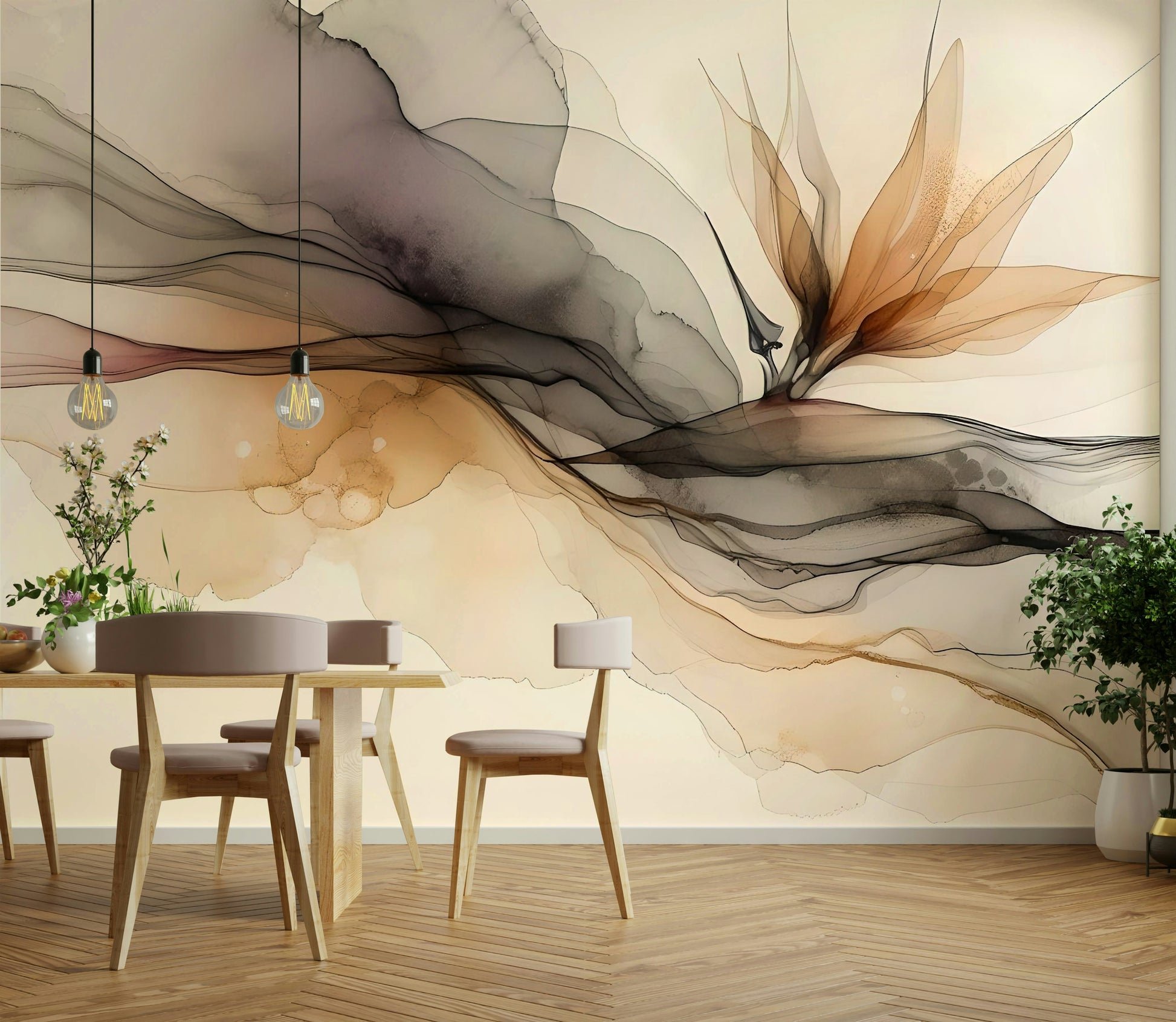 Nature-inspired ink swirls for a feature wall in a modern lounge.