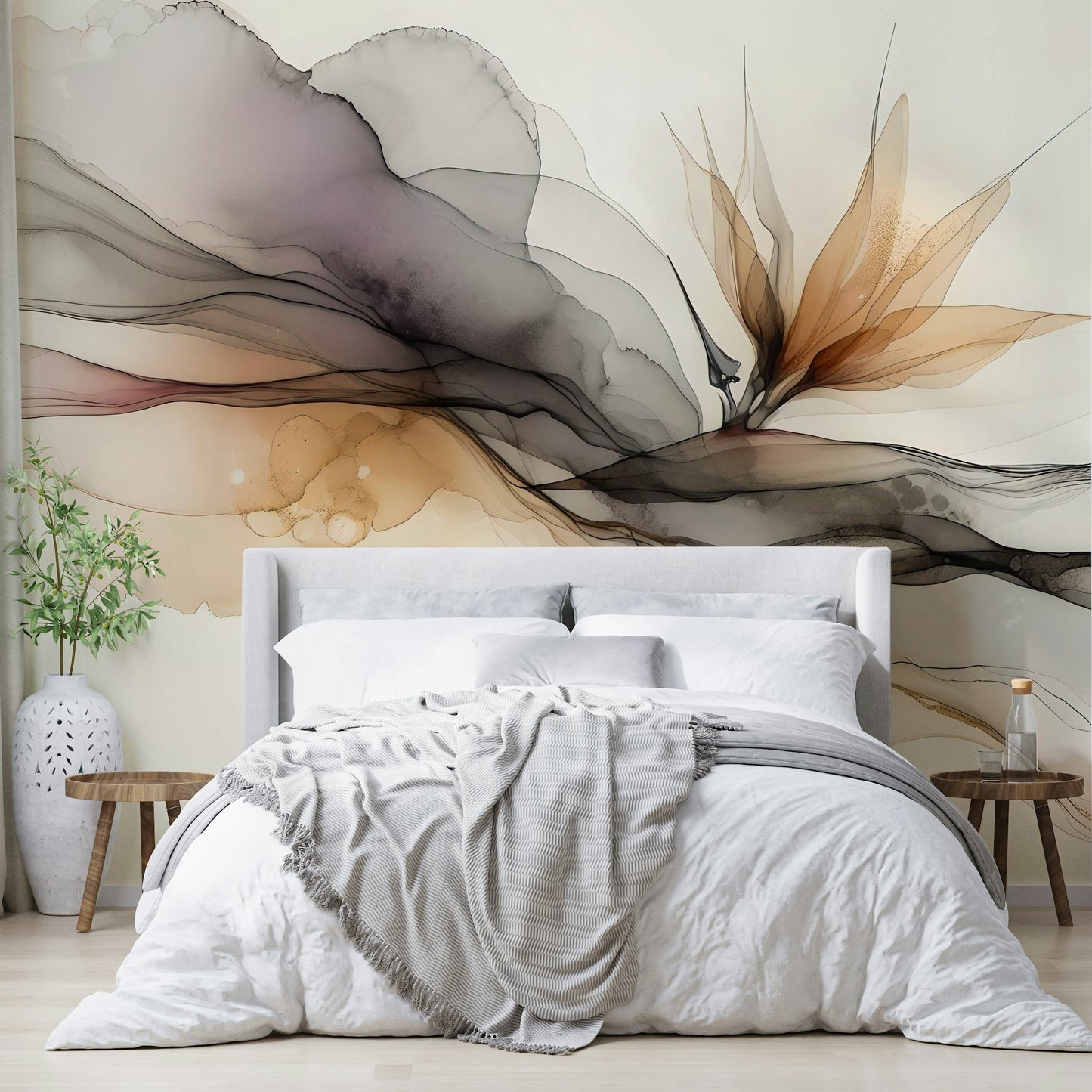 Ethereal Ink Flow Wall Mural with soft blue and gold colour in a bright living space.