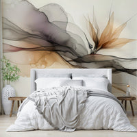 Ethereal Ink Flow Wall Mural with soft blue and gold colour in a bright living space.