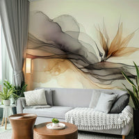 Blue and gold abstract wall mural in a modern home office or study.