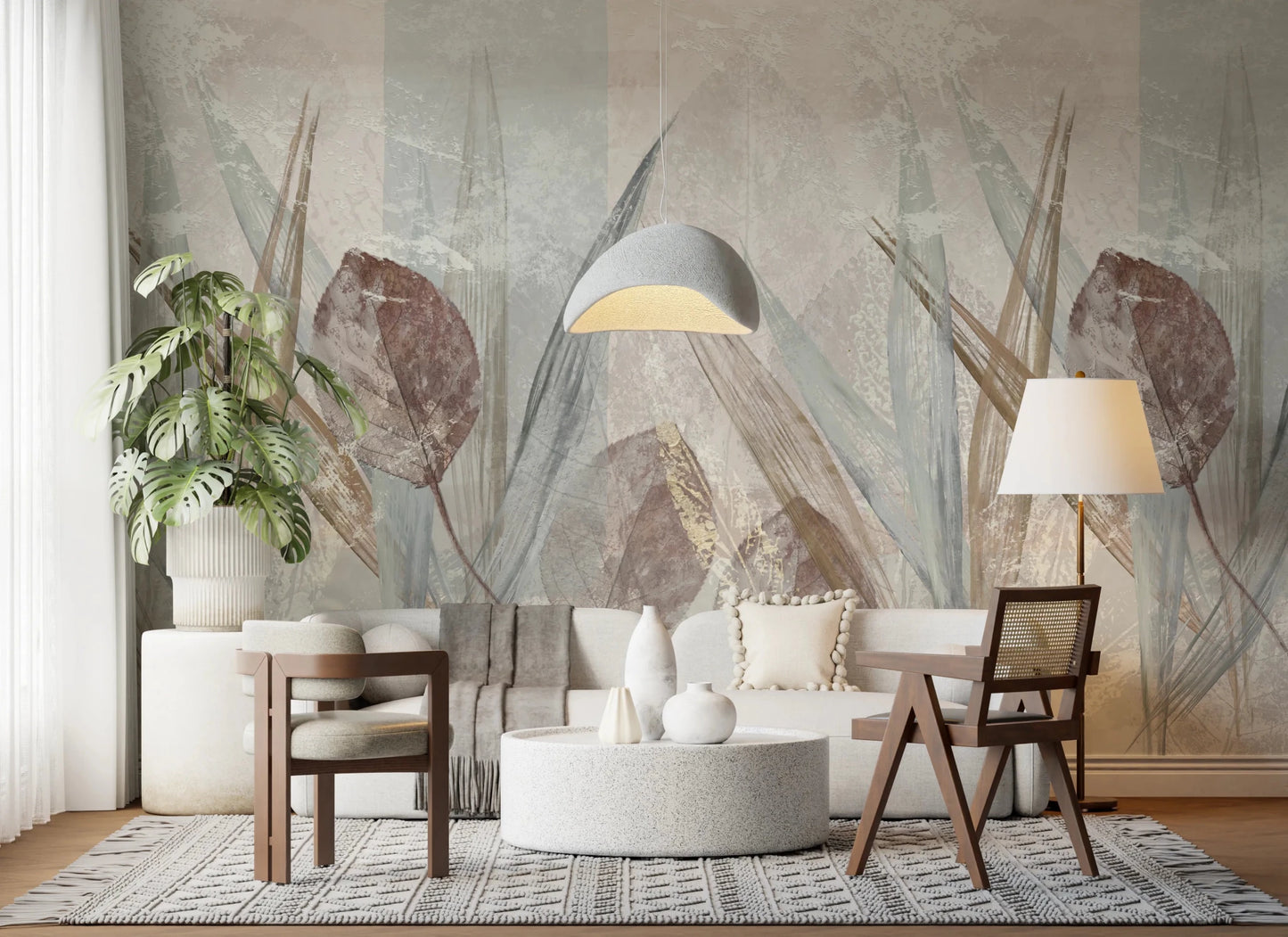 Muted tones of the Ethereal Leaves Cream Wall Mural design.