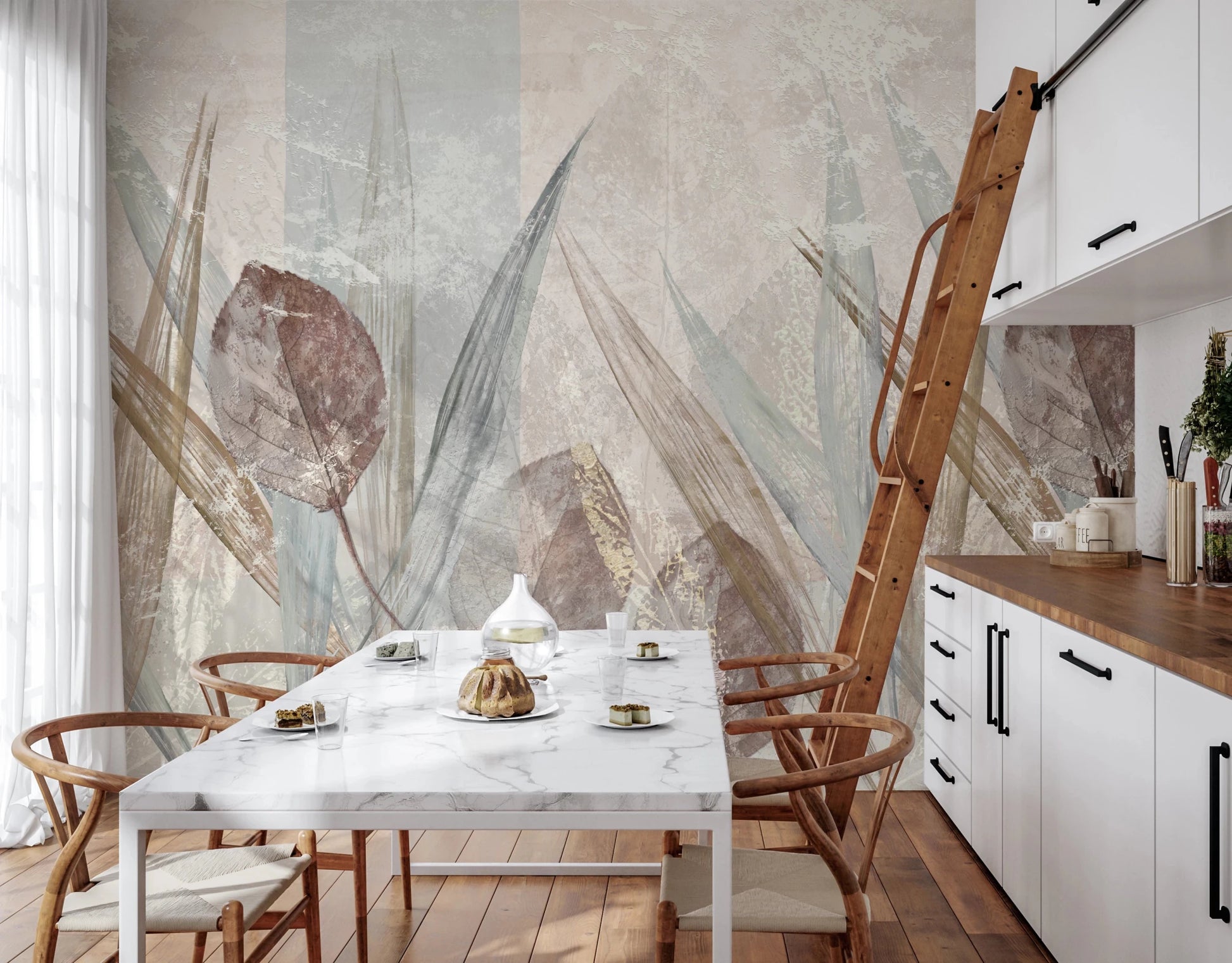 Nature inspired Ethereal Leaves Cream Wall Mural for indoor walls.