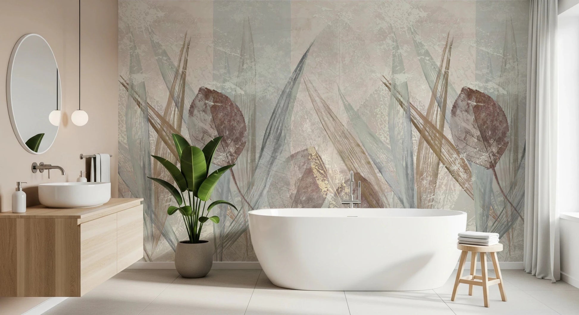 Artistic foliage on an Ethereal Leaves Cream Wall Mural or a bathrrom.