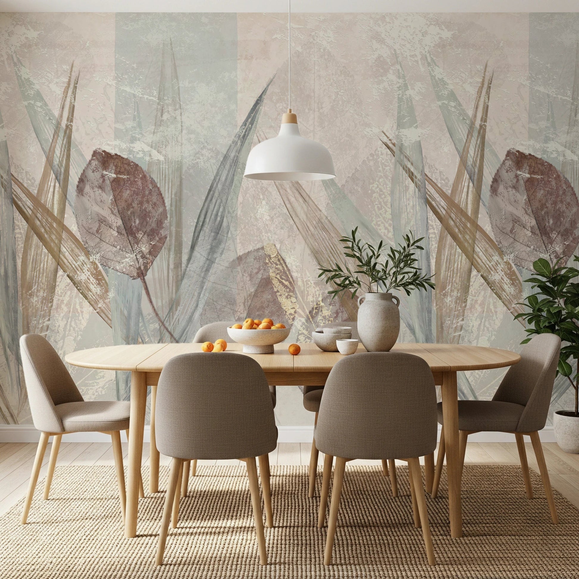 Elegant Ethereal Leaves Cream Wall Mural for a sophisticated space.