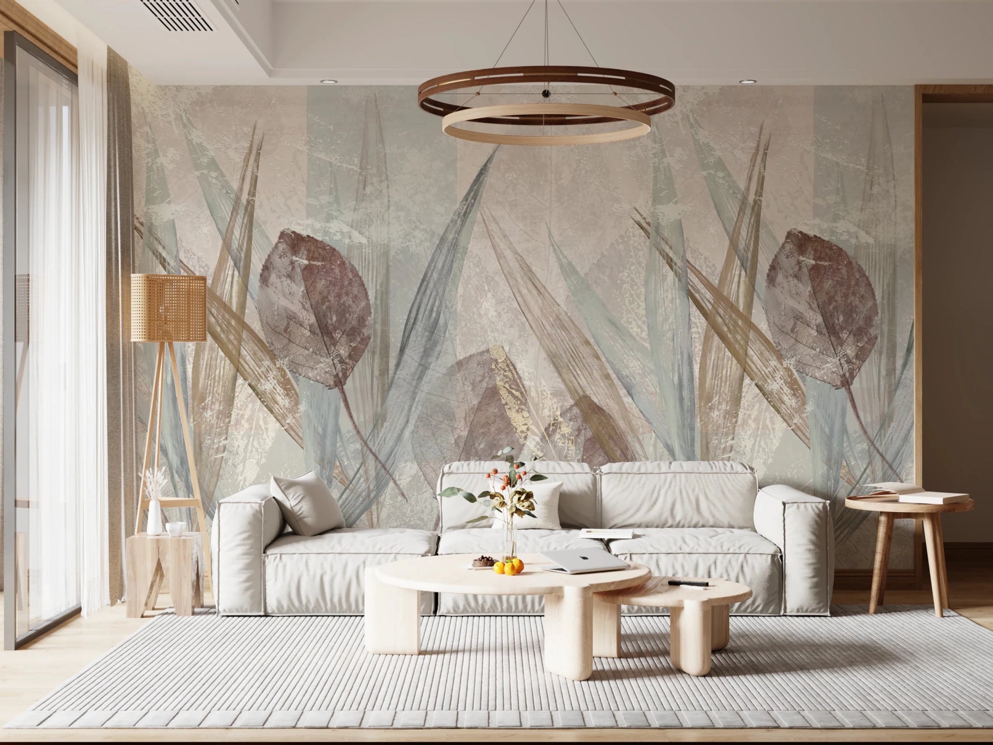 Close up of Ethereal Leaves Cream Wall Mural showing leaf details.