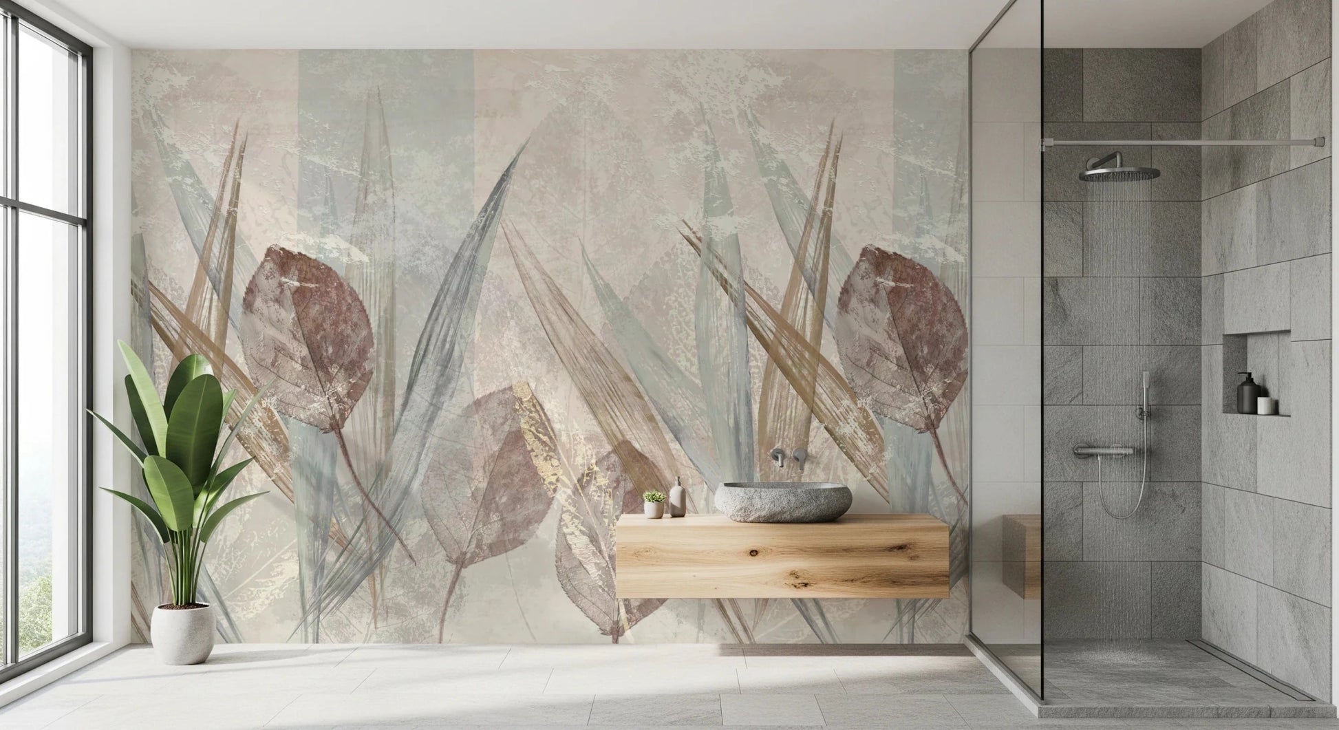 Ethereal Leaves Cream Wall Mural in a modern minimalist style.