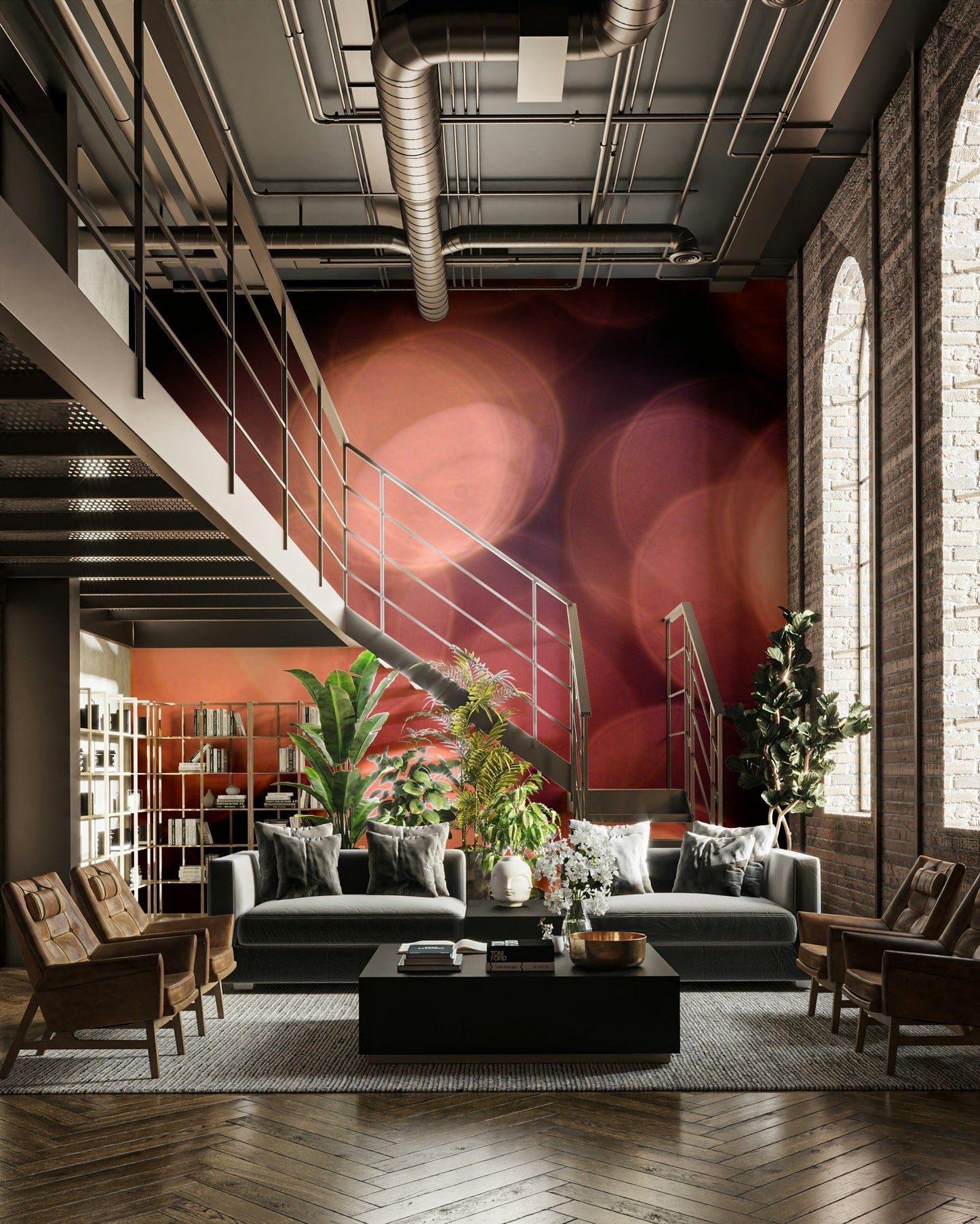 An artistic light pattern mural on minimalist wallpaper.

