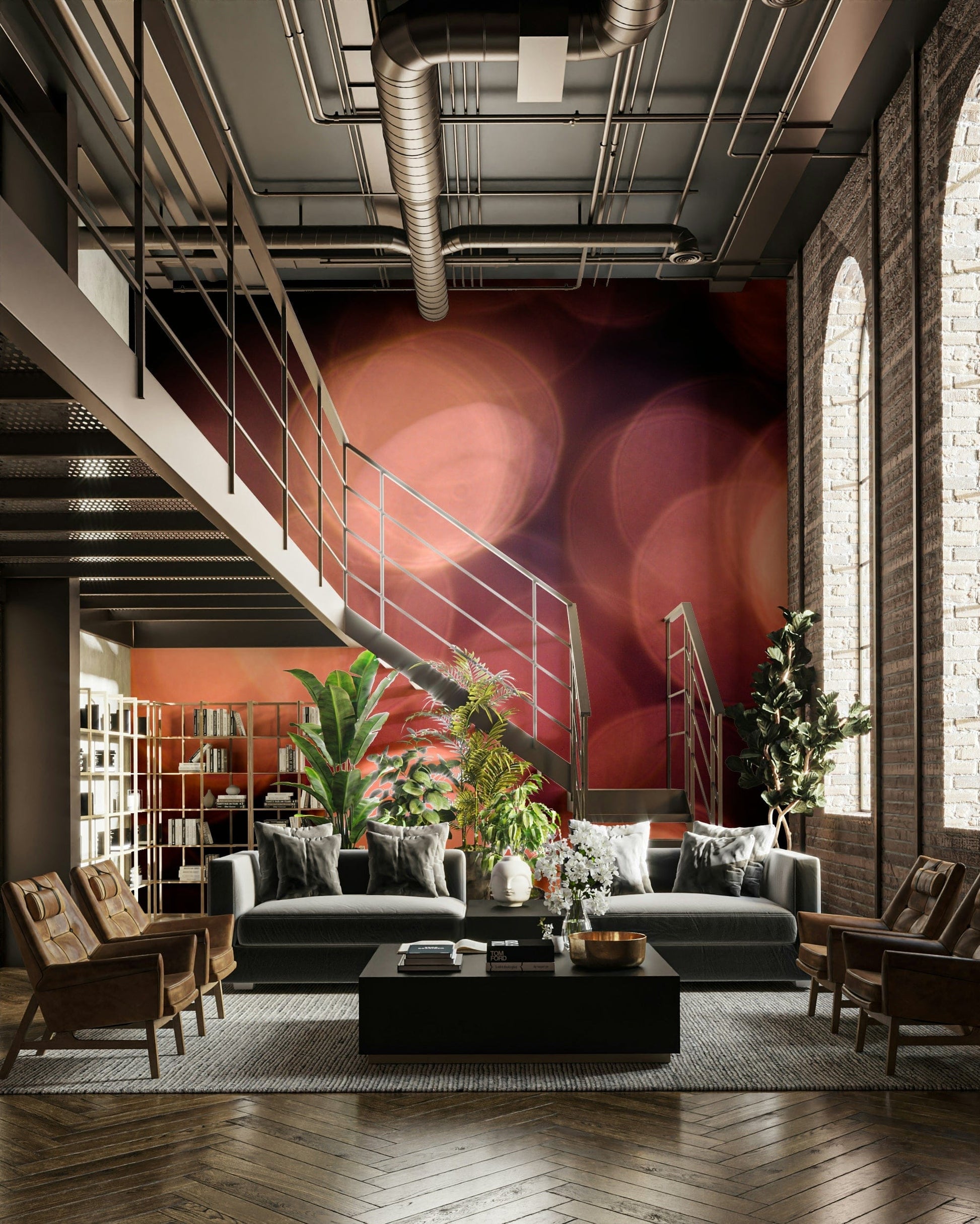 An artistic light pattern mural on minimalist wallpaper.

