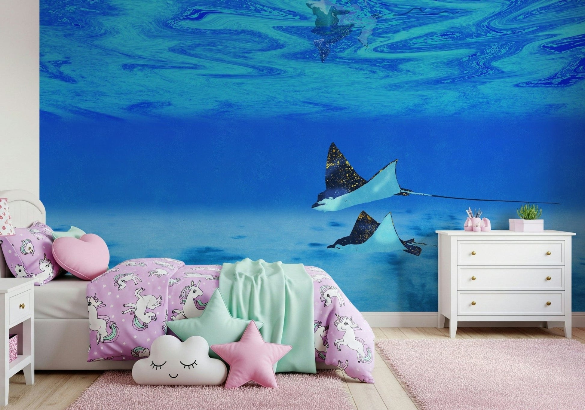 Wallpaper Ethereal Manta Rays graceful blue sea