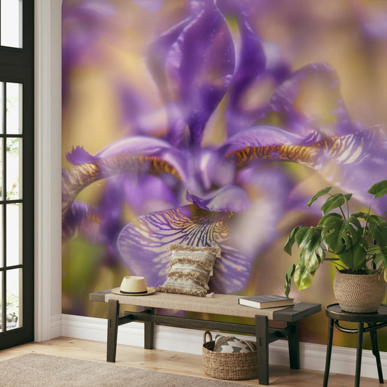 Ethereal Purple Iris Art Print delicate floral wall mural above a wood entryway bench with a sun hat and monstera plant
