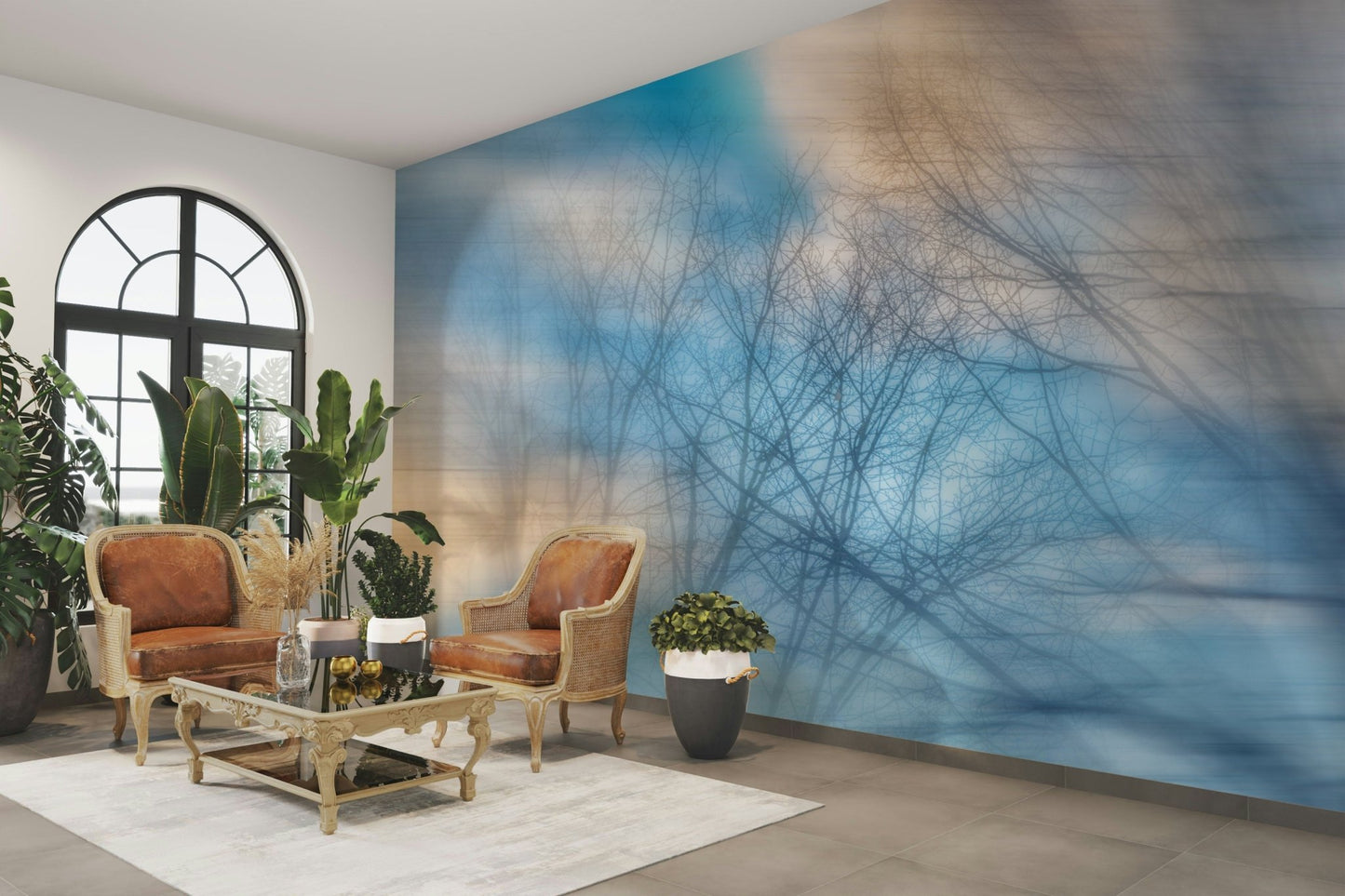 Wall mural creating a tranquil and open atmosphere.

