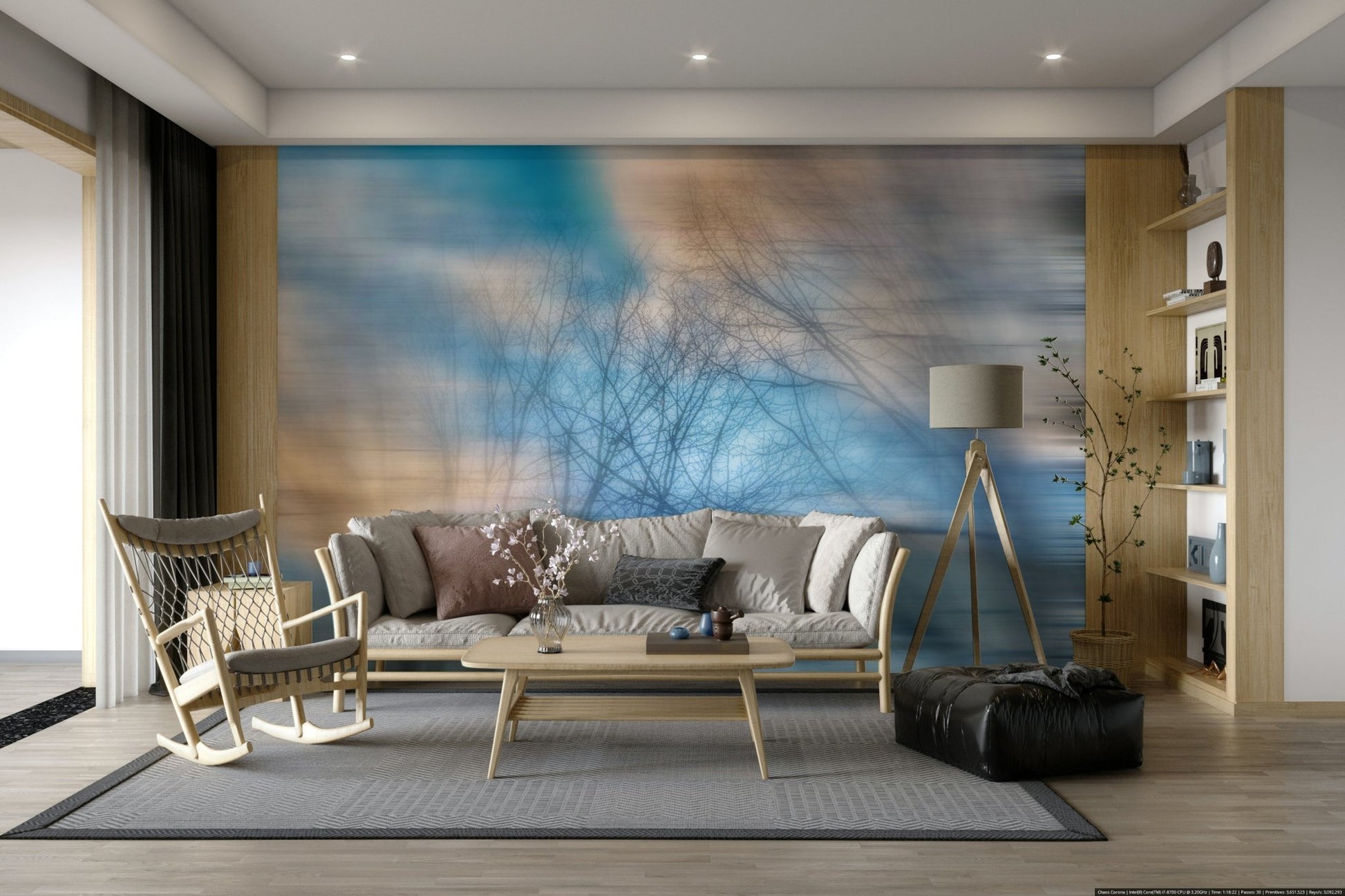 Soft blue sky with blurred branch silhouettes on a wall.

