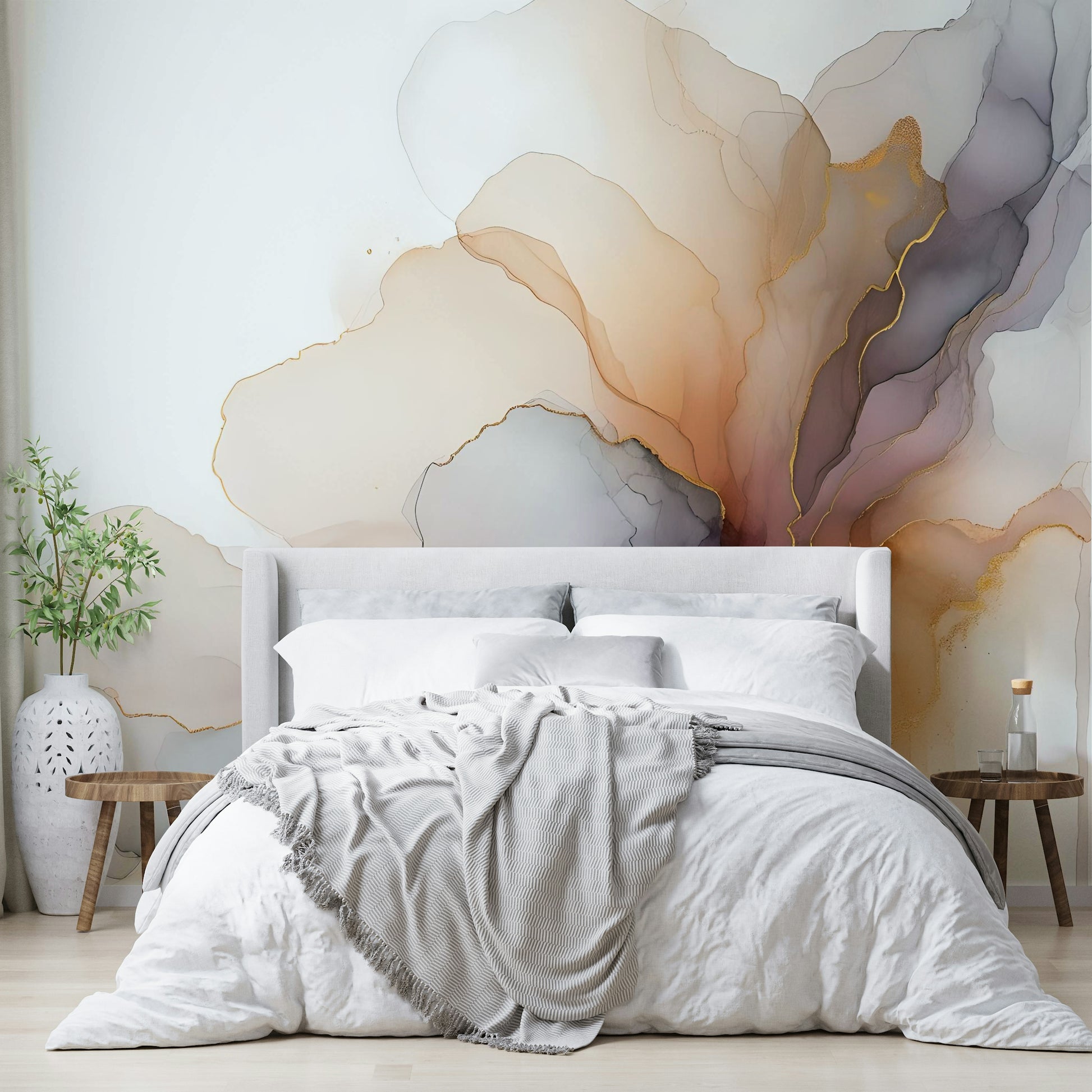 Ethereal Smoke Hues Wall Mural as a focal point in a master bedroom flat.