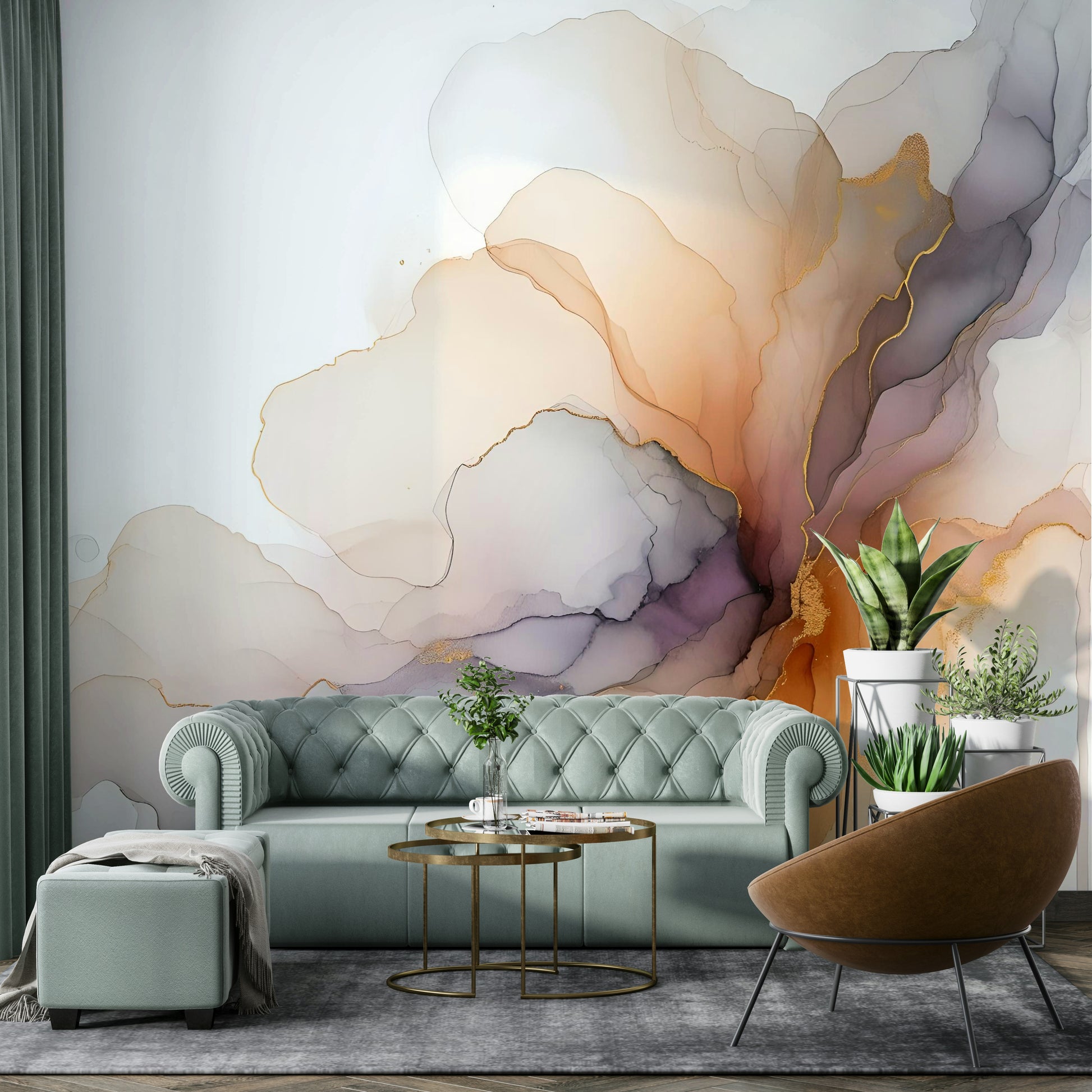 Lounge area featuring abstract smoke designs in neutral shades.