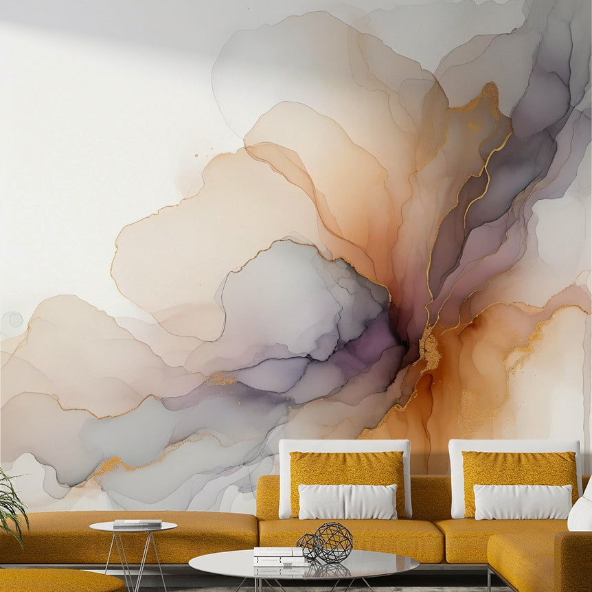 Ethereal Smoke Hues Wall Mural behind a velvet sofa in a flat.