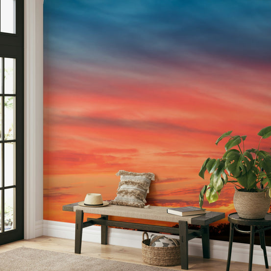 Warm countryside mural wallpaper with sunset


