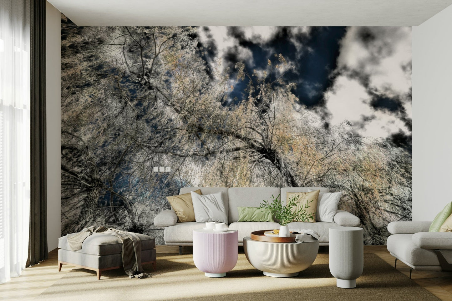 Silhouetted branches and sky mural
