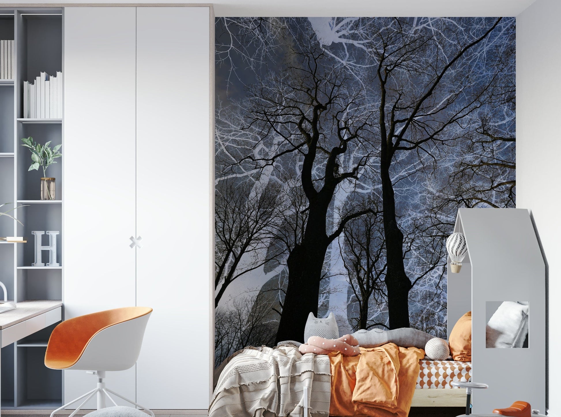 Ethereal Tree Silhouette Art | Abstract Nature Photography | Dark Sky Contrast Wall Mural