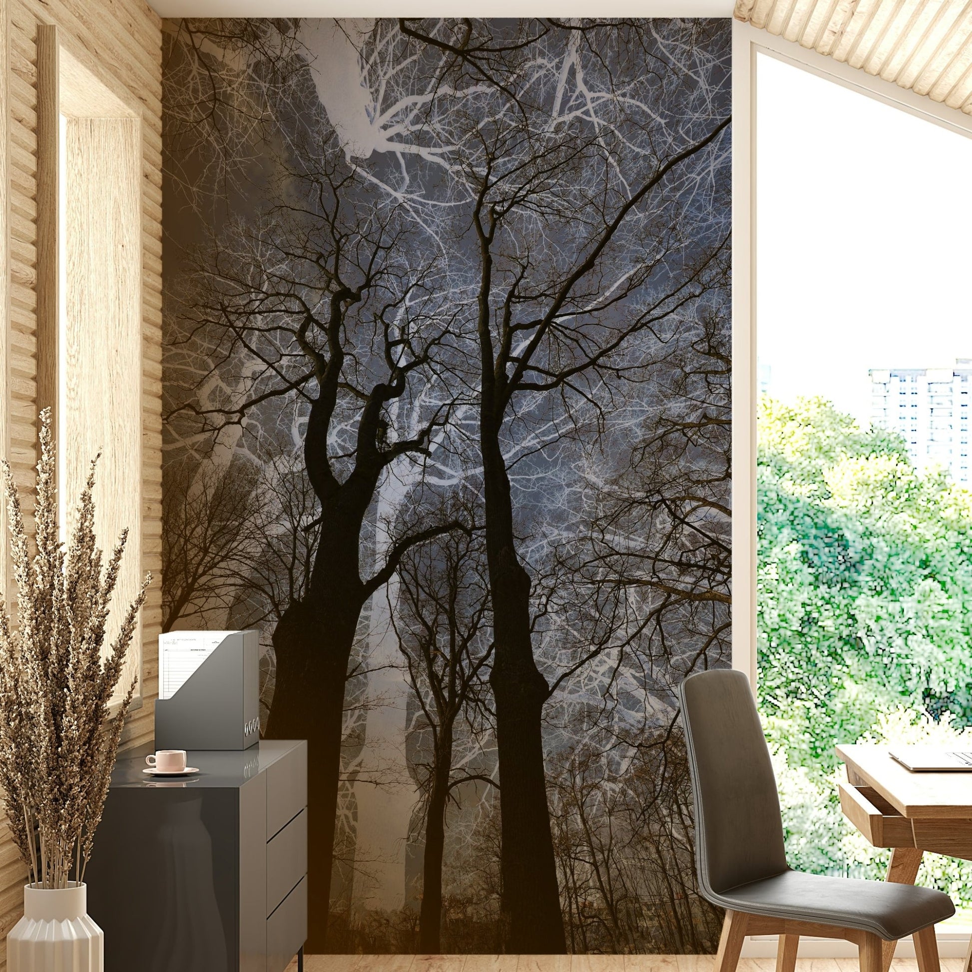 Ethereal Tree Silhouette Art | Abstract Nature Photography | Dark Sky Contrast Wall Mural