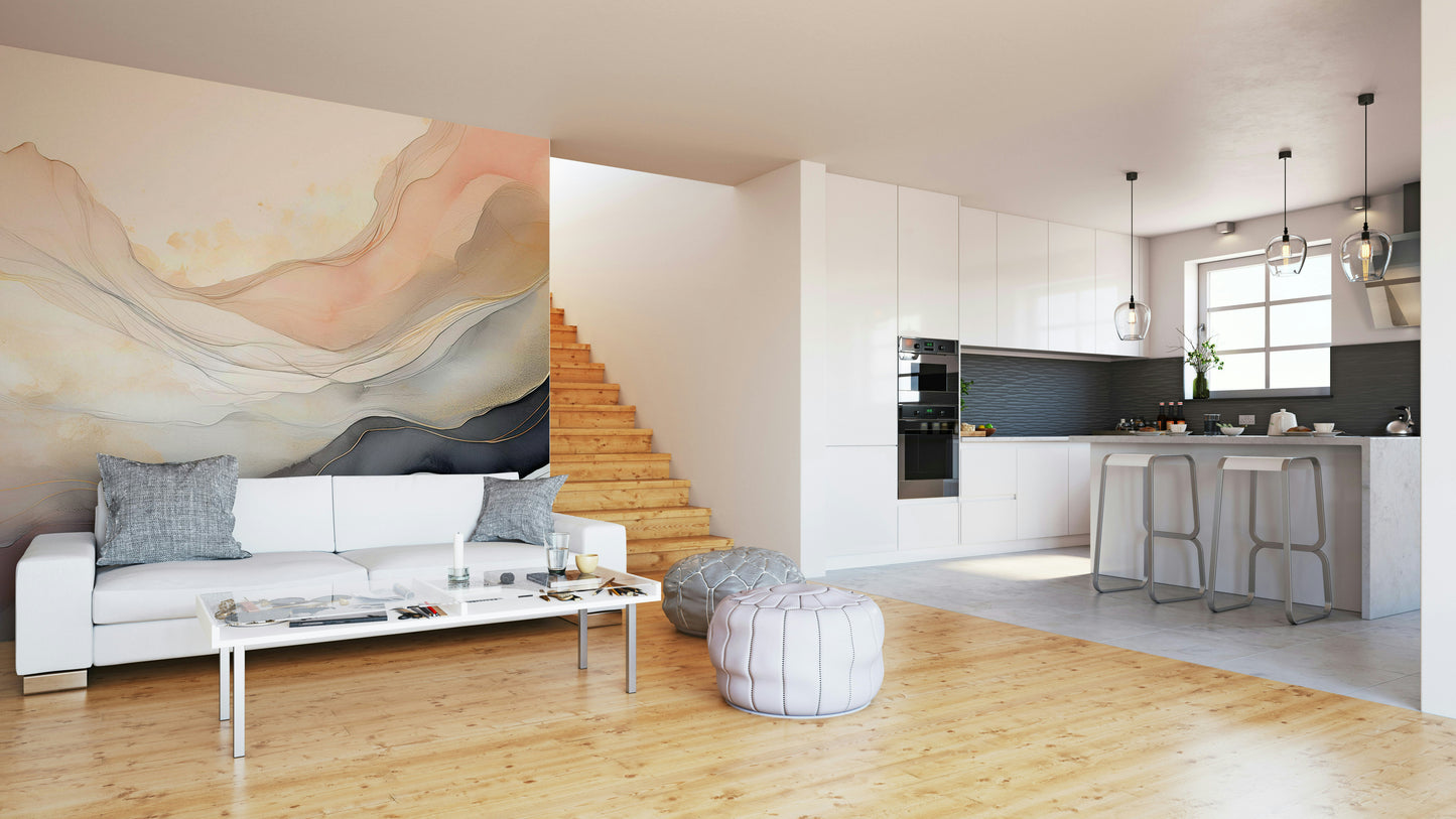 Abstract misty pattern wall decor for a bright studio apartment.