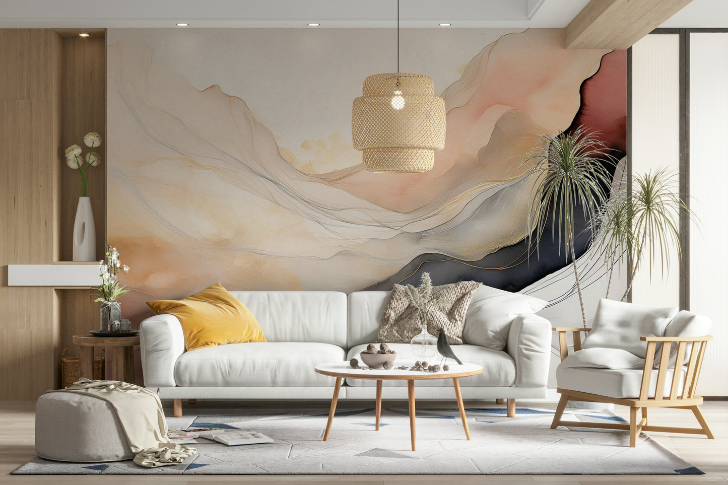 Soft focus abstract wall decor for a contemporary dining area.