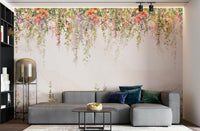 A peaceful wall mural with a watercolor flower pattern.

