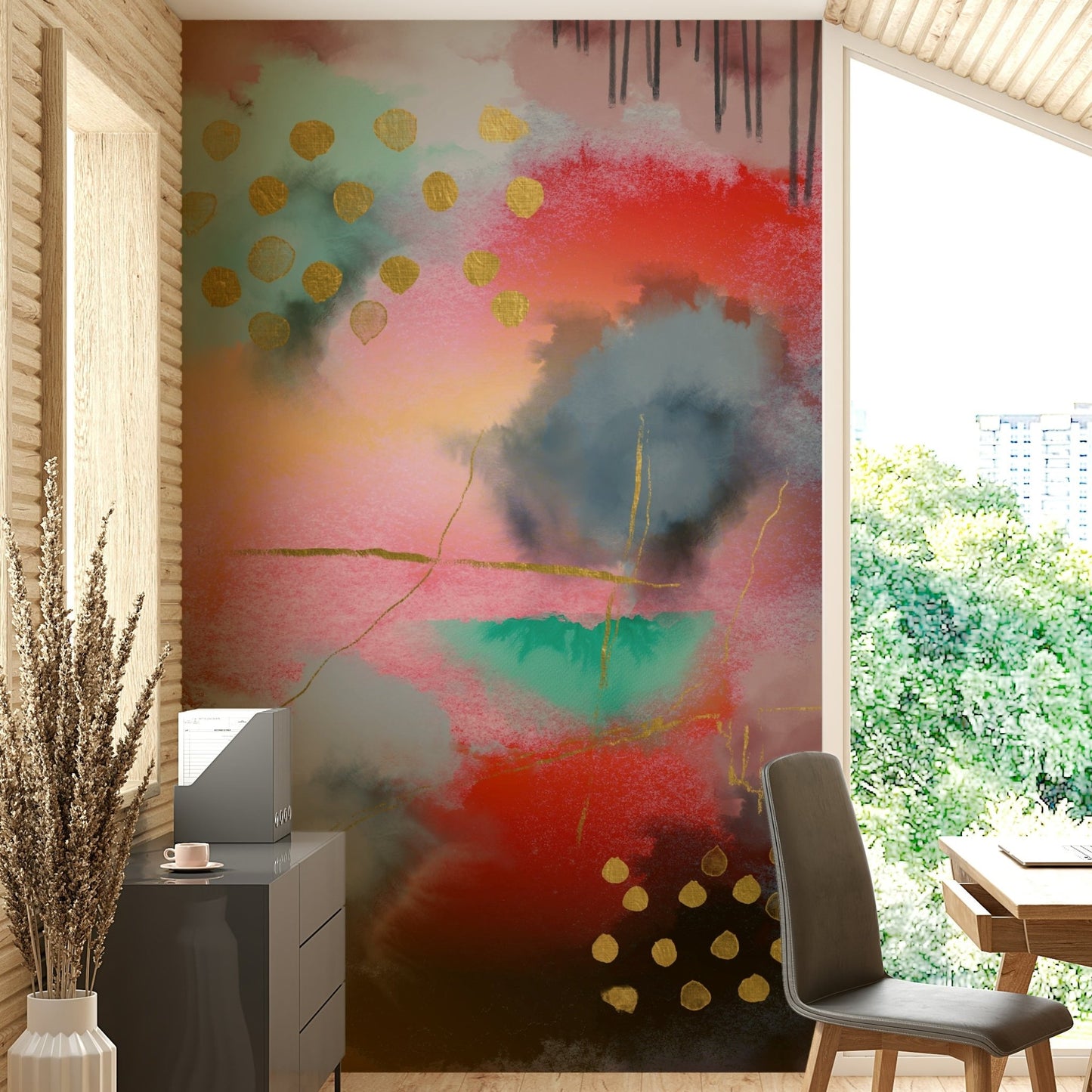 Pale blue and peach wall mural

