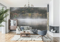 Ethereal Waters Edge Woodland wall decor: hazy landscape, birch trees.