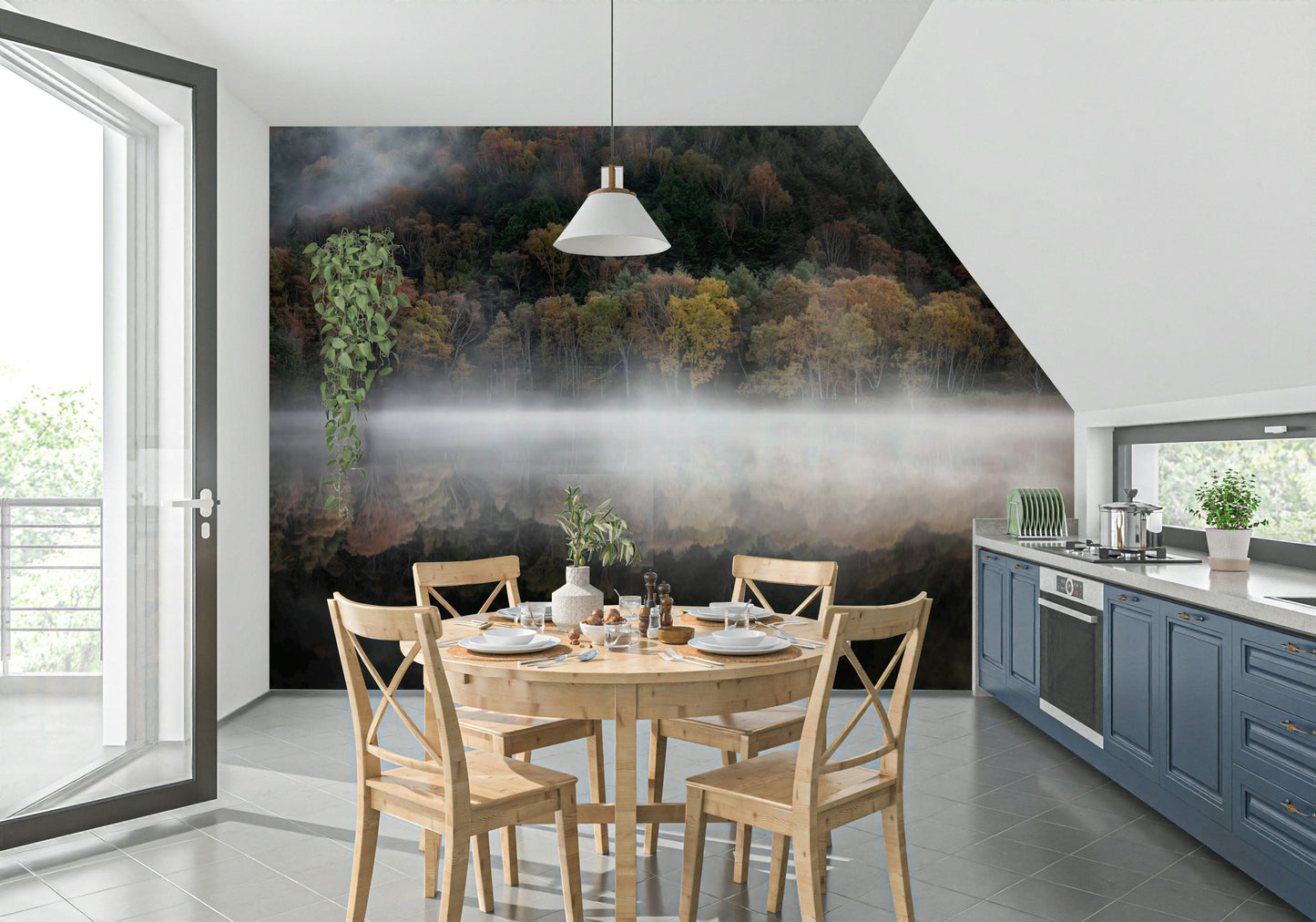 Mist-shrouded woodland wall mural, ethereal scene, warm foliage.
