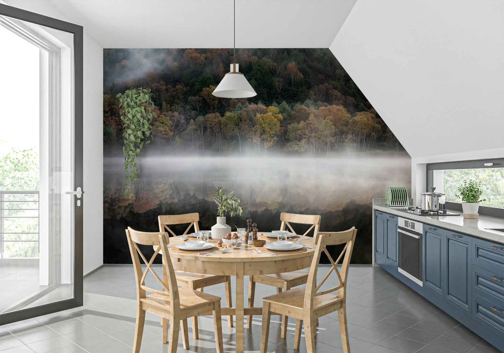 Mist-shrouded woodland wall mural, ethereal scene, warm foliage.