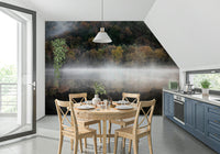Mist-shrouded woodland wall mural, ethereal scene, warm foliage.